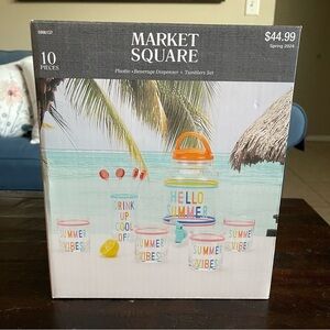 Market Square Plastic Drink Beverage Dispenser With Tumblers Set 10 Pieces New